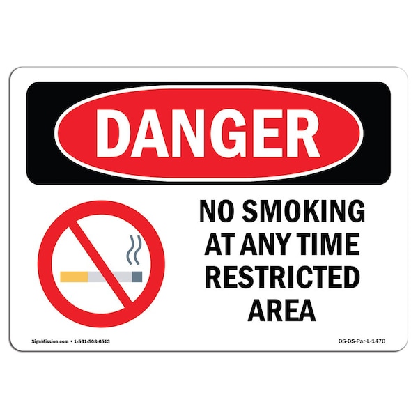 Signmission OSHA Danger Sign, 12" Height, 18" Width, Aluminum, No Smoking At Any Time Restricted Area, Landscape OS-DS-A-1218-L-1470 - main